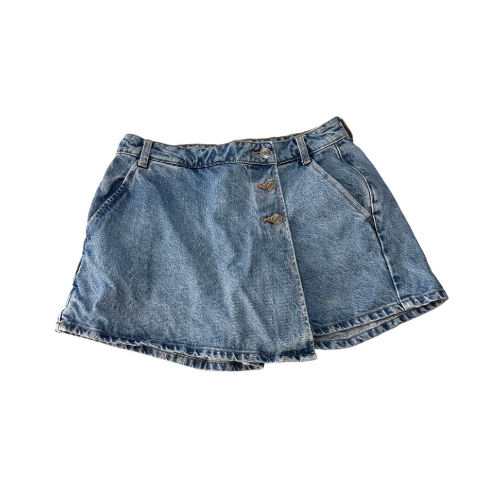 Zara Womens Medium Wash Denim Asymmetrical Wrap Button Skort Blue Size‎ S 26